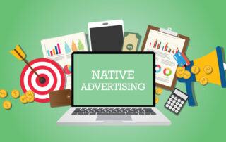 native advertising concept with marketing media and tools illustrated in laptop