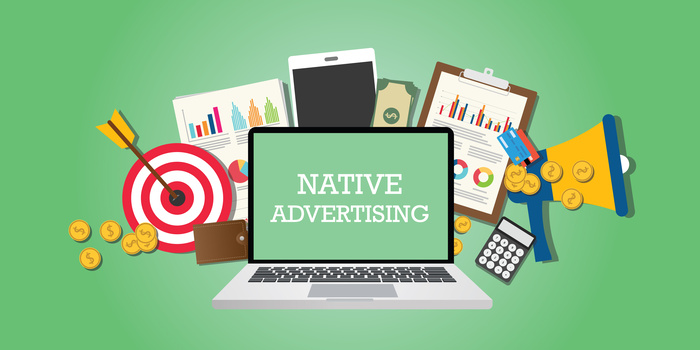 native advertising concept with marketing media and tools illustrated in laptop