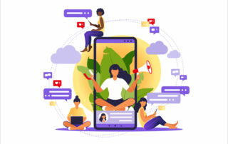 Woman with megaphone on screen mobile phone and young people surrounding her. Vector illustration showing the concept of social media services and followers