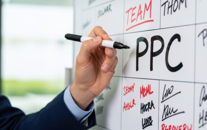 ppc and team names on a whiteboard, symbolizing marketing strategy and business planning