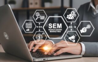 SEM, Search Engine Marketing Concept. Businessperson working on laptop with SEM icons, featuring ads, analytics, keywords, reach, pay per click, online marketing