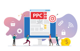 ppc pay per click technology advertising or advertisement concept with team people and clicks icon